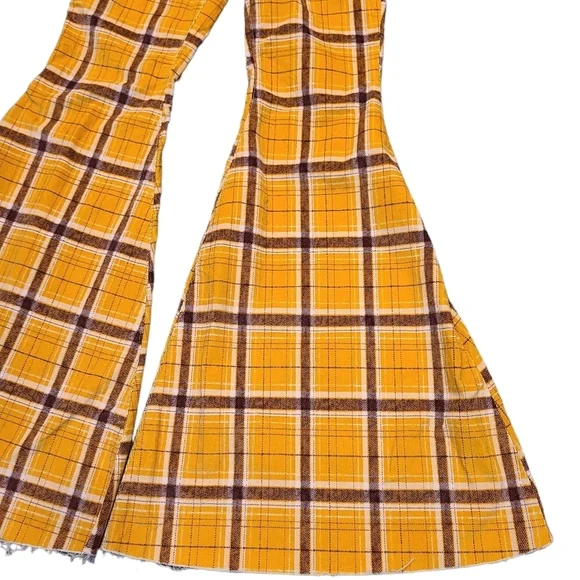 Free People Just Float On Wide Flare Bell Bottom Corduroy Pants Mustard Plaid 26 - Picture 7 of 16